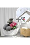 Banyo Paspas Seti, Taş Desen Banyo Perdesi Takımı, Yıkanabilir Paspas Ve Duş Perdesi Seti, C Halkalı