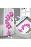 Orkide Desen Banyo Perdesi, Baskılı Paspas Takımı, Tek Kanat Su Geçirmez Banyo Perdesi Paspas Seti