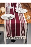 Örme Mürdüm Runner , Püsküllü Organik Pamuk Dantel Örme Runner 35x155 Cm Regina Runner Masa Örtüsü