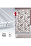 Etnik Desen Banyo Perdesi Askı Hediyeli 180x200cm Tek Kanat Kahverengi Duş Perdesi, L Boru Hediyeli