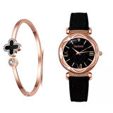 Gogoey Kadın Kol Saati + Bileklik Lüks Moda Şık Trend Bayan Saat Siyah Rose Gold 