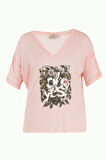 Pembe Krem Baskılı V yaka bluz 19583 | 42