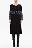 Siyah Dantel ve şifon detaylı bol kesim midi elbise 92482 | L