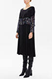 Siyah Dantel ve şifon detaylı bol kesim midi elbise 92482 | L