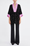 Siyah Kontrast renkli kimono bluz 19757 | 42
