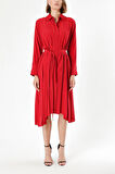 Kırmızı Bol kesim pili detaylı gömlek elbise 93828 | 38