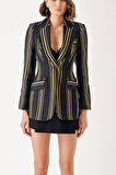 Siyah Çizgili keten blazer ceket 61168 | M