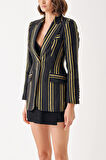 Siyah Çizgili keten blazer ceket 61168 | M