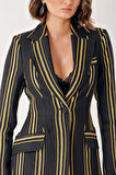 Siyah Çizgili keten blazer ceket 61168 | M