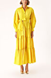 Sarı Büzgülü uzun kemerli elbise 94332 | M