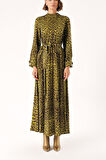 LEOPAR-OLIVE Uzun kemerli viskon elbise 94355 | L