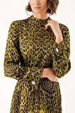 LEOPAR-OLIVE Uzun kemerli viskon elbise 94355 | L