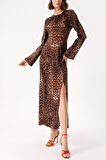 Leopar Uzun vücuda oturan yırtmaç detaylı elbise 94379 | L
