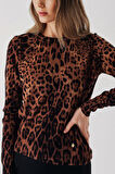 Leopar Bisiklet yaka leopar desenli yün triko kazak 28866 | M