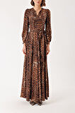 Leopar Godeli ve kemerli uzun elbise 94408 | M