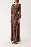 Leopar Godeli ve kemerli uzun elbise 94408 | M
