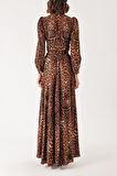 Leopar Godeli ve kemerli uzun elbise 94408 | M