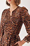 Leopar Godeli ve kemerli uzun elbise 94408 | M