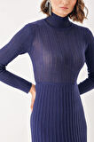 Lacivert Yüksek yakalı eteği pilili uzun triko elbise 28848 | S