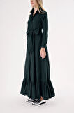 Yeşil Kemerli etek ucu büzgülü  uzun gömlek elbise 94207 | M