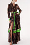 Leopar-Yeşil Kontrast renk kombinli büzgülü uzun gömlek elbise 94422 | S