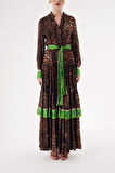 Leopar-Yeşil Kontrast renk kombinli büzgülü uzun gömlek elbise 94422 | S