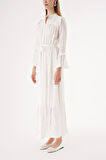 Beyaz Beli lastikli büzgülü uzun elbise 94541 | M