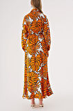 Turuncu Anvelop kapama gömlek yaka uzun elbise 94485 | L
