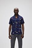 Hector Shirt Lacivert Kısa Kollu Baskılı Erkek Gömlek