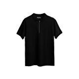 Cord Siyah Polo Yaka Fermuarlı Erkek T-Shirt