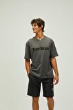 Title Oversize T-Shirt Koyu Gri Baskılı Erkek Tişört 