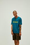 Title Oversize T-Shirt Petrol Mavi Baskılı Erkek Tişört