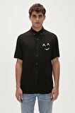 Smile Shirt Siyah Kısa Kollu Baskılı Erkek Gömlek