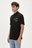 Smile Shirt Siyah Kısa Kollu Baskılı Erkek Gömlek