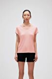 Violet V-Neck Pembe Logo Baskılı Basic Kadın Tişört