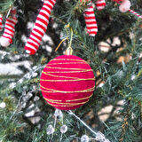 YILBAŞI TOPU 8CM KADİFE ÇİZGİLİ ALTIN SİMLİ ÇAM AĞACI SÜSÜ 3LÜ BORDO AST7447