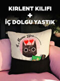 KIRLENT KILIFI+İÇ DOLGU YASTIK Cepli ve Baskılı 45x45 cm I Meow You/Sevgililer Günü
