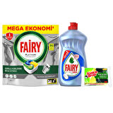 Fairy Platinum Plus Bulaşık Makinesi Kapsülü 96' lı +Sıvı Bulaşık Deterjanı 500 ml + 2' li Süngür