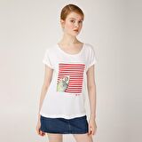 Biggdesign Pistachio Çizgili Kadın T-Shirt Beyaz-M
