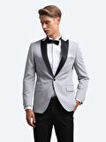 Açık Gri Slim Fit Kelebek Yaka Dokuma Smokin Takım Elbise