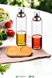 Bambu Standlı Damlatmaz Borosilikat 2'li Cam Yağlık 500ml Bakır