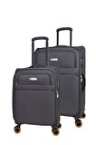 Pierre Cardin Ultra Light Hafif Lüx Kumaş 2'li Valiz Seti Orta Boy - Kabin Boy Gri PC6000