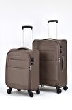 Pierre Cardin Ultra Light Hafif Lüx Kumaş 2'li Valiz Seti Orta Boy - Kabin Boy Kahve PC4200