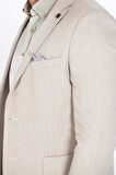 Erkek Bej Blazer Slim Fit Dar Kesim Çizgili Keten Karışımlı Ceket  4869