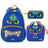 Muggle 3 Bölmeli Dragons Okul Sırt Çantası+Beslenme Çantası+Kalemlik