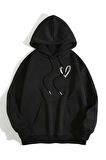 Unisex Siyah Kalp Baskılı Kapüşonlu Sweatshirt