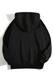 Unisex Siyah Kalp Baskılı Kapüşonlu Sweatshirt