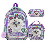 Muggle 2 Bölmeli Pretty Cat Meow Okul Çantası + Beslenme Çantası +Kalemlik