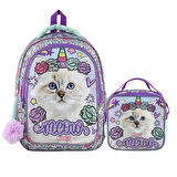 Muggle 2 Bölmeli Pretty Cat Meow Okul Çantası + Beslenme Çantası +Kalemlik