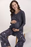 Arnetta Little Çiçek Desenli Lacivert Kadın Lohusa Pijama Takımı